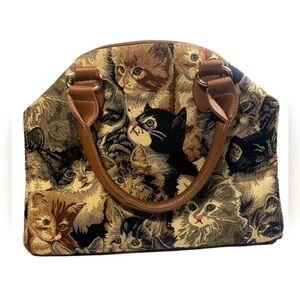 Signature Cat Print Tapestry Tote Shoulder Bag with Brown Accents